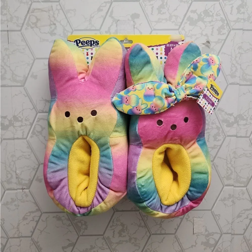 New Kids Easter Peeps Plush Bunny Rainbow Slippers, Size M 13-1